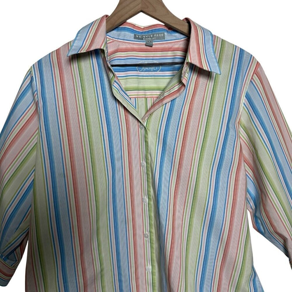 Foxcroft Wrinkle Free Striped 3/4 Sleeve Top Sz 14P Button Cotton Travel *Flaw - Picture 5 of 11